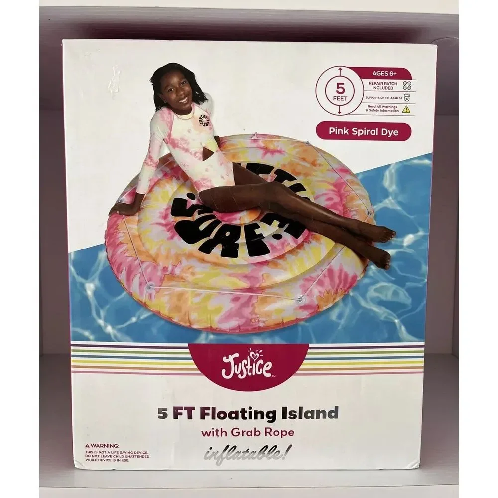 Justice Surf 5ft‎ Floating Island Pool Float w/ Grab Rope, Pink Spiral Tie Dye